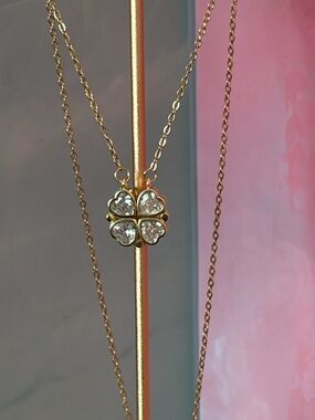 Gold Clover Pendant Necklace with Clear Crystal Hearts